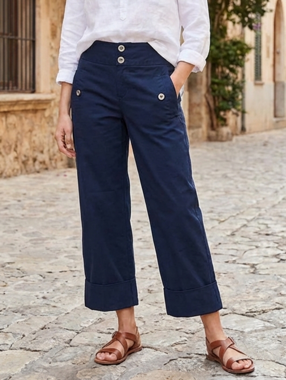 Anthropologie Cartonnier Navy Cropped Sailor Vacation Cuffed Retro Style Pants